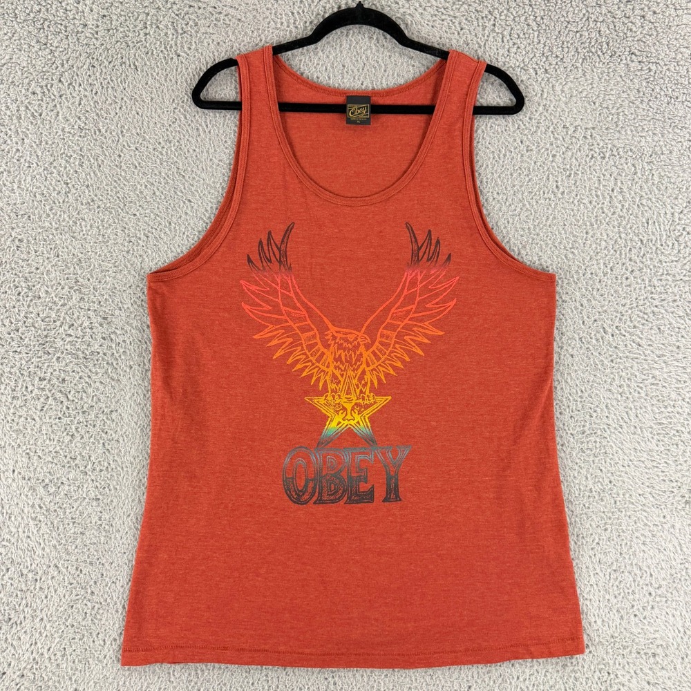 Obey Tank Top Mens XL Orange Eagle Star Graphic Tri Blend Sleeveless Streetwear